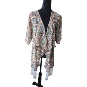 Lularoe Women Geometrical Ivory fringe Kimono cover up cardigan S